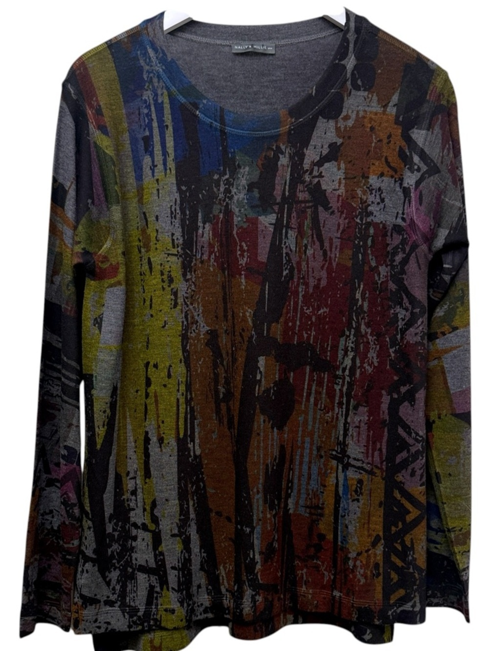 Nally & Millie Women’s Sweater Charcoal Multicolor Abstract Crewneck Size Small